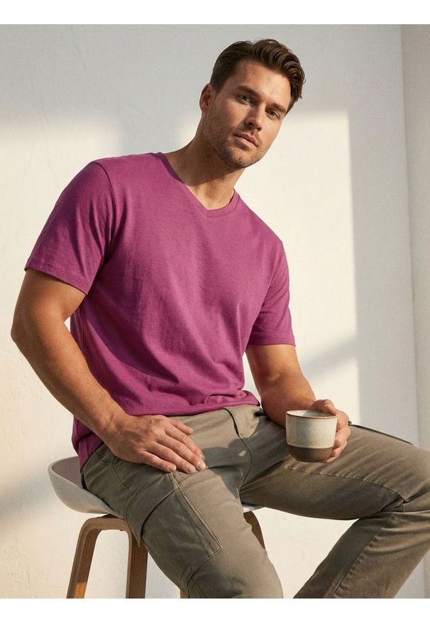 Sinsay - Bawełniana koszulka basic - różowy. Kolor: różowy. Materiał: bawełna