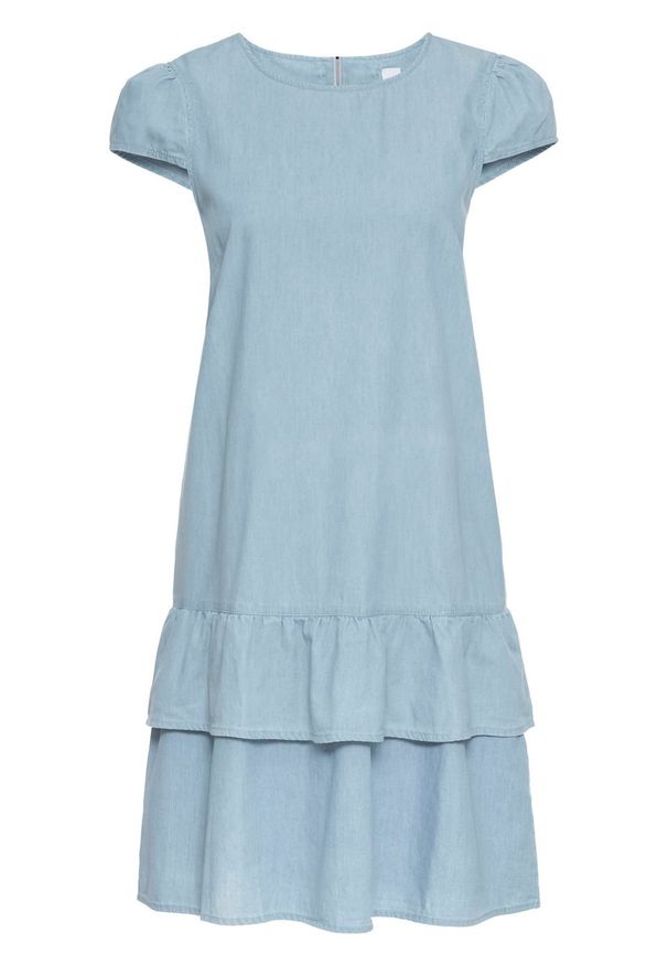 Sukienka dżinsowa z falbaną bonprix jasnoniebieski. Kolor: niebieski. Długość: mini