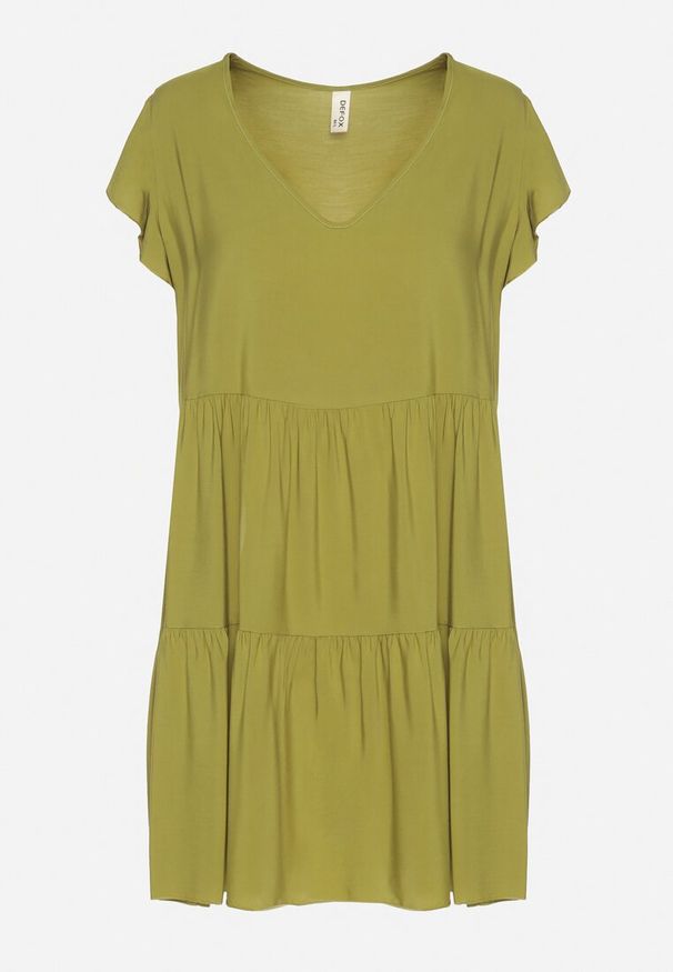 Born2be - Zielona Rozkloszowana Sukienka z Bawełny Ozdobiona Falbankami Natiriane. Okazja: na co dzień. Typ kołnierza: kołnierz z falbankami. Kolor: zielony. Materiał: bawełna. Wzór: aplikacja. Sezon: wiosna, lato. Styl: casual, elegancki