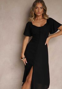 Renee - Czarna Bawełniana Sukienka z Wiązaniem i Guzikami Kolarissa. Okazja: na co dzień. Kolor: czarny. Materiał: bawełna. Typ sukienki: proste, koszulowe. Styl: elegancki, casual