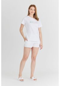 Guess - GUESS Biały t-shirt damski bawełniany z kolorowym logo, Rozmiar S. Kolor: biały. Materiał: bawełna. Wzór: kolorowy