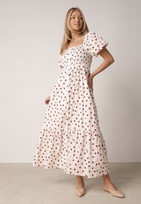 Born2be - Beżowa Sukienka Bawełniana o Rozkloszowanym Kroju z Bufiastymi Rękawami w Groszki Lorairian. Kolor: beżowy. Materiał: bawełna. Wzór: grochy. Styl: klasyczny #1