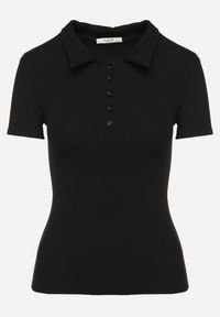 Born2be - Czarny Bawełniany T-shirt Prążkowany Typu Polo z Guzikami Avelavia. Okazja: na co dzień. Typ kołnierza: polo. Kolor: czarny. Materiał: bawełna, prążkowany. Styl: klasyczny, casual #6