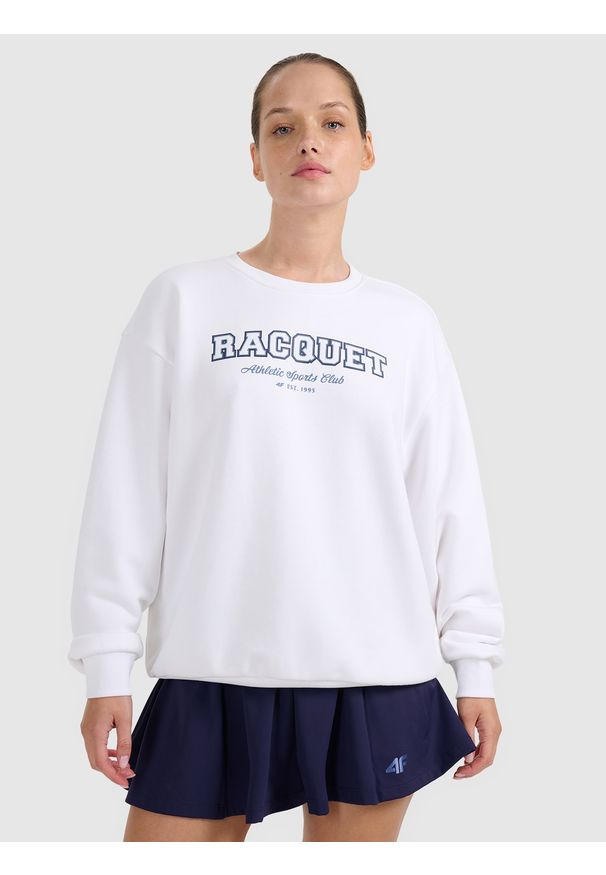 4f - 4F Bluza dresowa nierozpinana bez kaptura damska - biała M. Okazja: na co dzień. Typ kołnierza: bez kaptura. Kolor: biały. Materiał: dresówka. Styl: sportowy, casual