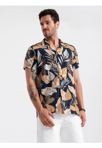 Ombre Clothing - Wiskozowa wzorzysta męska koszula z krótkim rękawem – liście V14. Okazja: na co dzień. Kolor: czarny. Materiał: wiskoza. Długość rękawa: krótki rękaw. Długość: krótkie. Wzór: gładki, kolorowy. Styl: klasyczny, wakacyjny, casual #3