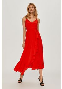TwinSet - Twinset - Sukienka. Okazja: na co dzień. Kolor: czerwony. Materiał: tkanina, wiskoza, jedwab. Długość rękawa: na ramiączkach. Wzór: gładki. Typ sukienki: asymetryczne, rozkloszowane, proste. Styl: casual, klasyczny. Długość: midi #1