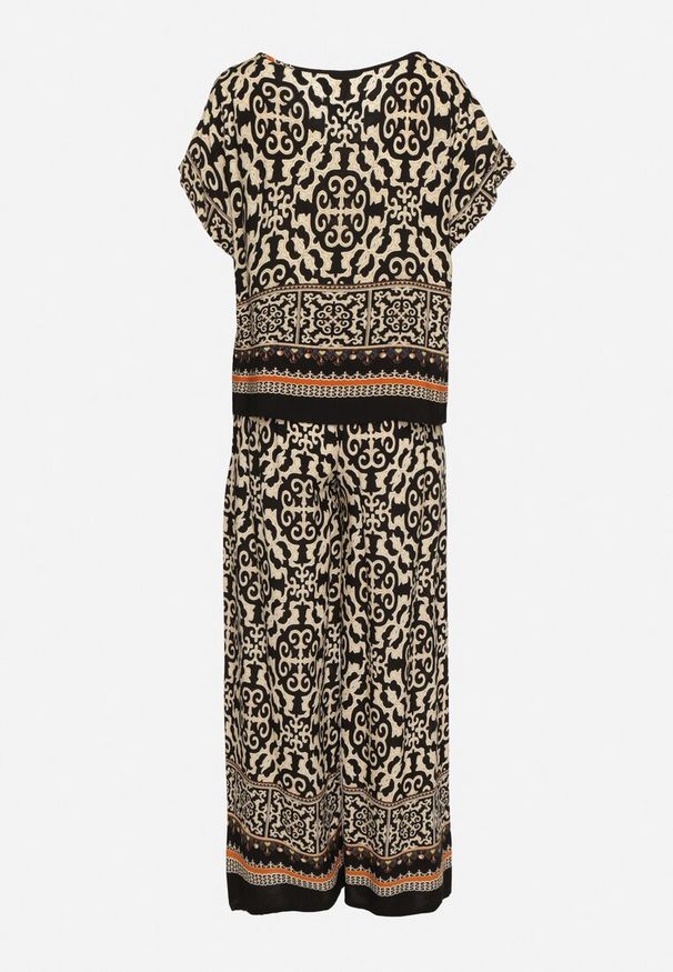 Born2be - Czarny Komplet Bawełniany w Ornamentalny Wzór Spodnie i Bluzka Nanirienna. Kolor: czarny. Materiał: bawełna