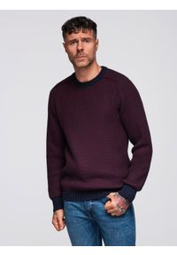 Ombre Clothing - Męski sweter o kontrastowym splocie z okrągłym dekoltem – bordowy V1 - Rozmiar: XL. Okazja: na co dzień. Kolor: czerwony. Materiał: dzianina, bawełna. Wzór: ze splotem. Styl: casual