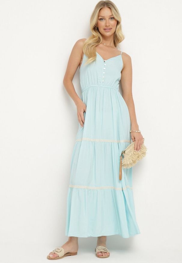 Born2be - Jasnoniebieska Sukienka na Ramiączkach z Gumką w Pasie Zapinana na Guziki z Falbanką i Haftem Tiamavita. Kolor: niebieski. Długość rękawa: na ramiączkach. Wzór: haft. Sezon: lato