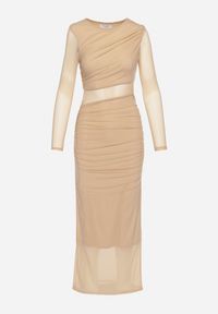 Born2be - Beżowa Dopasowana Sukienka Maxi z Siateczki Stolisse. Okazja: na imprezę. Kolor: beżowy. Materiał: wiskoza. Typ sukienki: proste. Styl: elegancki, klasyczny. Długość: maxi #2