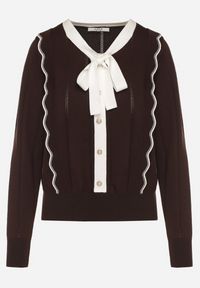 Born2be - Brązowy Sweter z Wiskozą Ozdobiony Kokardą Eleganckimi Guzikami i Kontrastowymi Detalami Miariel. Okazja: na co dzień. Typ kołnierza: kokarda. Kolor: brązowy. Materiał: wiskoza. Długość rękawa: długi rękaw. Długość: długie. Wzór: aplikacja. Styl: elegancki #5