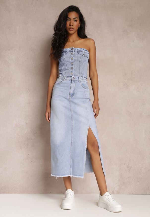 Renee - Niebieska Jeansowa Spódnica Maxi z Wysokim Stanem Elvi. Stan: podwyższony. Kolor: niebieski. Materiał: jeans. Wzór: aplikacja