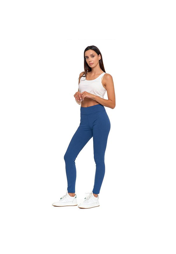 Granatowe Legginsy Moraj Damskie Z Wysokim Stanem. Okazja: na co dzień. Stan: podwyższony. Kolor: niebieski. Materiał: jeans, materiał. Styl: casual