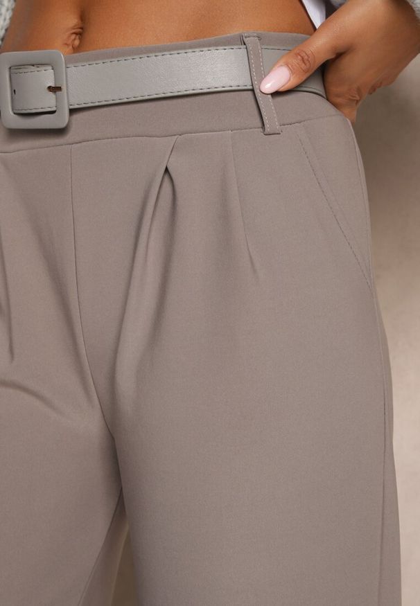 Renee - Szare Garniturowe Spodnie High Waist z Gumką i Dodatkowym Paskiem w Talii Mattine. Stan: podwyższony. Kolor: szary. Materiał: dzianina