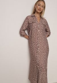 Born2be - Beżowa Sukienka Koszulowa z Wiskozą w Zwierzęcy Wzór Żyrafy Nevetalia. Okazja: na co dzień. Kolor: beżowy. Materiał: wiskoza. Wzór: motyw zwierzęcy. Typ sukienki: koszulowe. Styl: casual, klasyczny #4