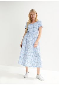 bonprix - Sukienka midi z dżerseju, z szerokim przeszyciem cienkimi gumkami w talii, z bawełny organicznej. Typ kołnierza: dekolt w serek. Kolor: biały. Materiał: bawełna, jersey. Długość: midi