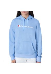 Bluza Champion Embroidered Big Script Logo Hoodie 117111-BS083 - niebieska. Okazja: na co dzień. Typ kołnierza: kaptur. Kolor: niebieski. Materiał: materiał, bawełna, poliester. Wzór: aplikacja. Styl: casual, klasyczny