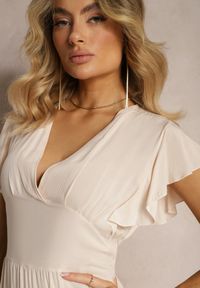 Renee - Beżowa Taliowana Sukienka Mini Ozdobiona Falbankami Salleni. Okazja: na co dzień. Typ kołnierza: kołnierz z falbankami. Kolor: beżowy. Materiał: wiskoza. Wzór: aplikacja. Styl: casual. Długość: mini #3