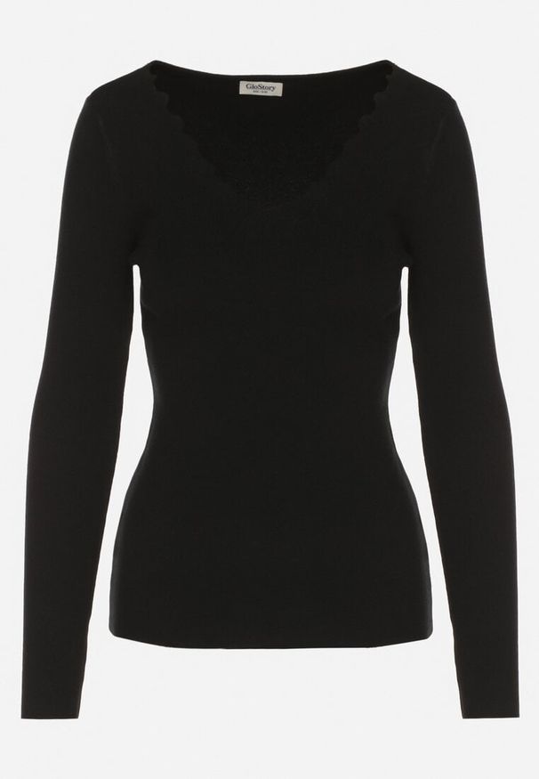 Born2be - Czarny Dopasowany Sweter z Nieregularnym Dekoltem w Serek Fenarela. Okazja: do pracy, na co dzień, na spotkanie biznesowe. Typ kołnierza: dekolt w serek. Kolor: czarny. Materiał: jeans. Styl: biznesowy, casual