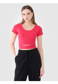 4f - T-shirt crop top gładki damski - różowy. Okazja: na co dzień. Kolor: różowy. Materiał: elastan, bawełna, materiał, jersey, dzianina. Długość rękawa: krótki rękaw. Długość: krótkie. Wzór: gładki. Styl: sportowy, casual