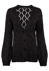 Sweter rozpinany w ażurowy wzór bonprix czarny. Kolor: czarny. Wzór: ażurowy #1