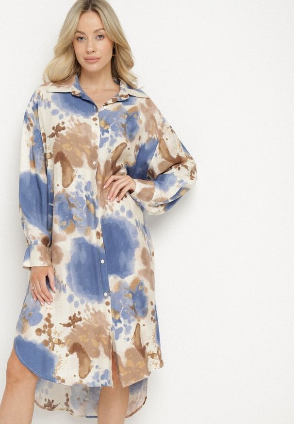Born2be - Niebieska Sukienka Koszulowa Oversize z Wiskozy w Abstrakcyjny Wzór Gonania. Okazja: na co dzień. Typ kołnierza: kołnierzyk klasyczny. Kolor: niebieski. Materiał: wiskoza. Długość rękawa: długi rękaw. Typ sukienki: oversize, koszulowe. Styl: elegancki, casual, klasyczny