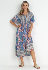 Born2be - Niebieska Sukienka Midi z Wiskozy z Gumką w Talii z Szerokimi Rękawami Damatia. Kolor: niebieski. Materiał: wiskoza. Długość rękawa: krótki rękaw. Długość: midi #3