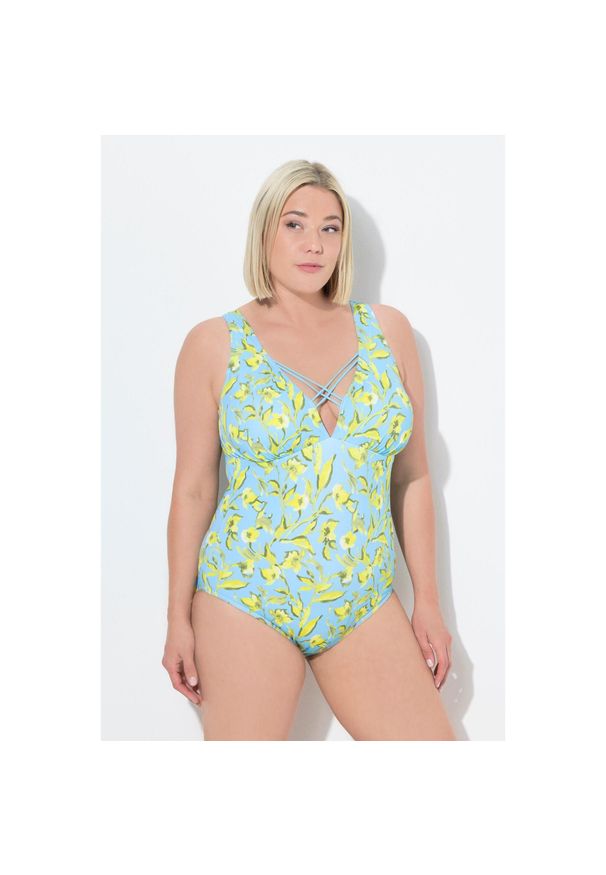ULLA POPKEN - Damski Strój kąpielowy kwiaty miękkie miseczki ozdobne tasiemki. Kolekcja: plus size. Kolor: niebieski. Materiał: poliester, elastan, poliamid, materiał. Wzór: kwiaty