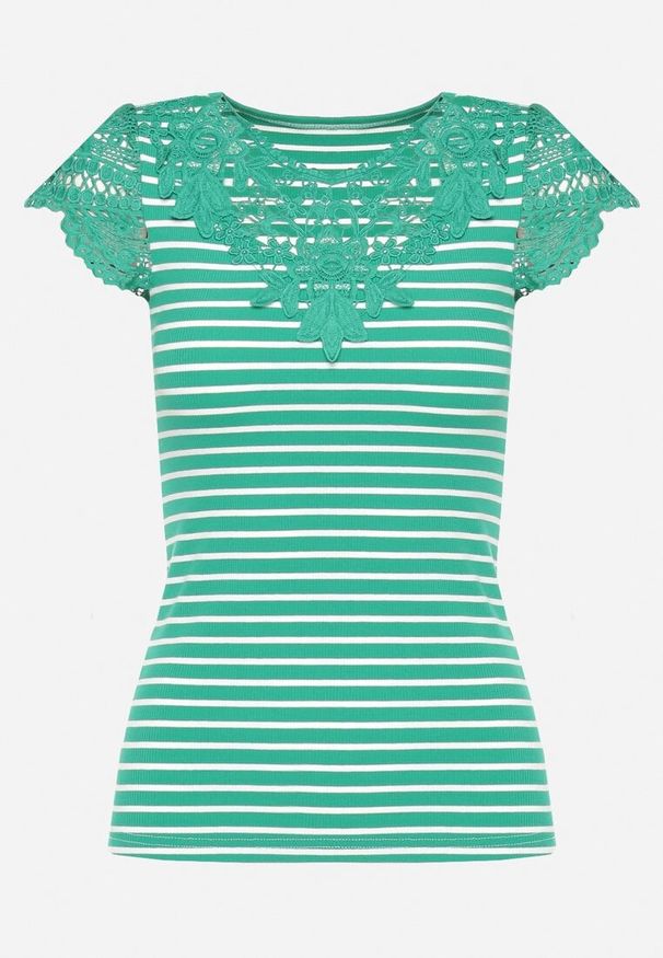 Born2be - Zielony Bawełniany T-shirt z Prążkowanego Materiału z Koronkowym Dekoltem i Rękawkami Hyacintia. Okazja: na randkę, na co dzień. Kolor: zielony. Materiał: bawełna, materiał, prążkowany, koronka. Długość rękawa: krótki rękaw. Długość: krótkie. Styl: casual