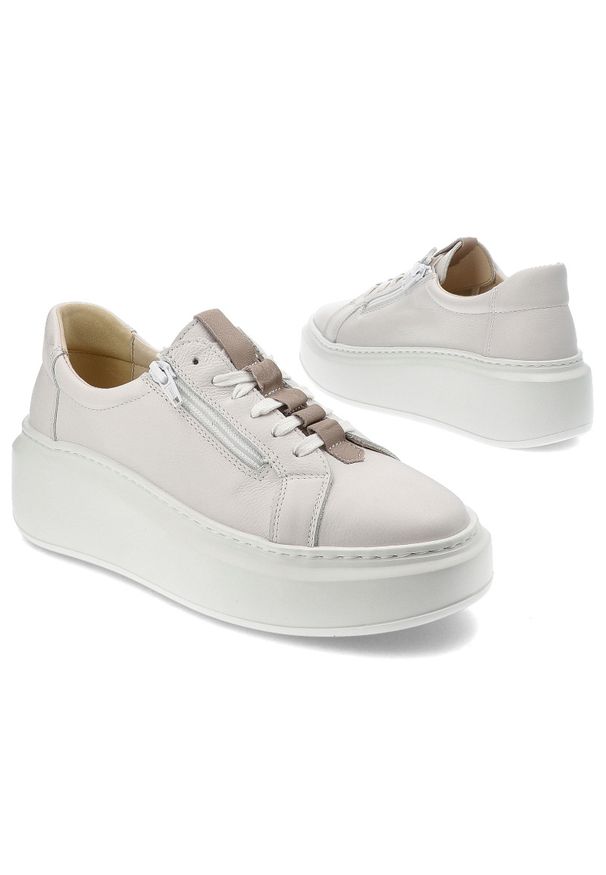Białe Sneakersy Wasak Stylowe Buty Damskie Na Platformie. Zapięcie: sznurówki. Kolor: biały. Materiał: skóra. Wzór: grochy. Obcas: na platformie