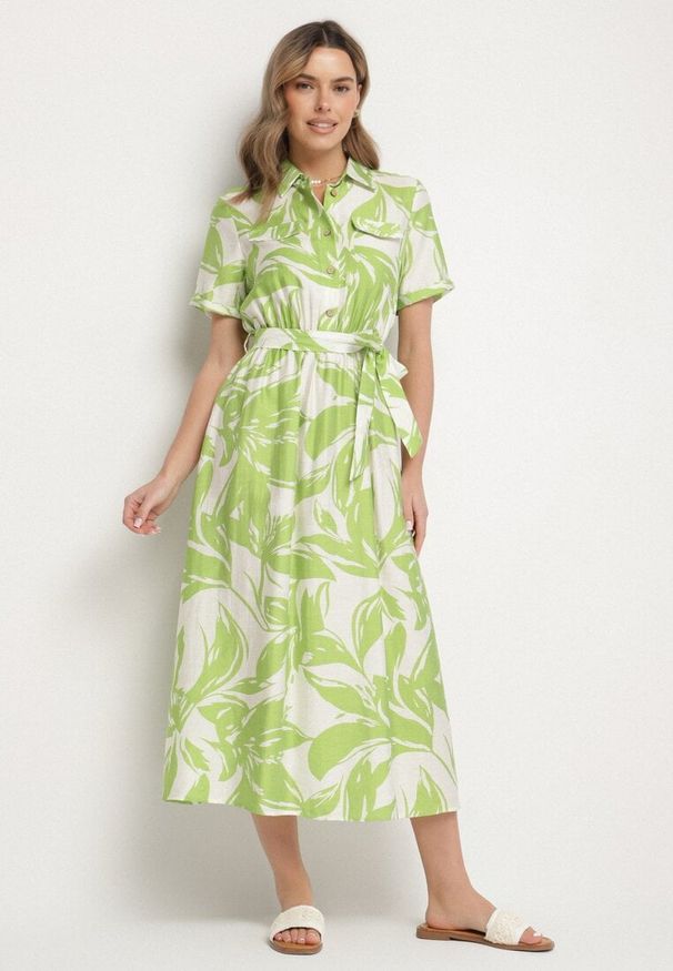 Born2be - Zielona Wiskozowa Sukienka o Koszulowym Kroju z Wiązanym Paskiem Uloanna. Okazja: na co dzień. Kolor: zielony. Materiał: wiskoza. Długość rękawa: krótki rękaw. Wzór: aplikacja. Typ sukienki: koszulowe. Styl: klasyczny, casual, elegancki