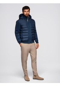 Ombre Clothing - Pikowana kurtka bomberka z kapturem i dzianinowymi rękawami – granatowa V2 - Rozmiar: L. Typ kołnierza: kaptur. Kolor: niebieski. Materiał: dzianina. Wzór: aplikacja, nadruk. Styl: klasyczny #6