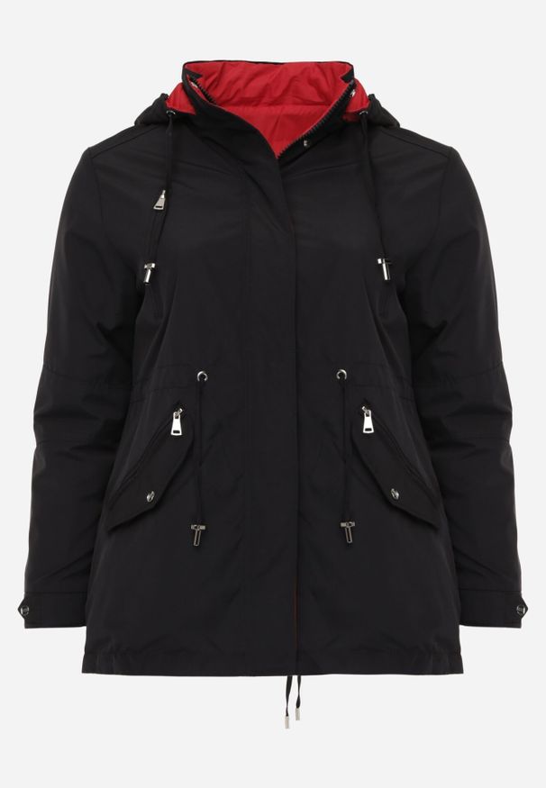Born2be - Czarno-Czerwona Przejściowa Kurtka Dwustronna Parka z Pikowaniem i Kapturem Tidare. Okazja: na spacer, na co dzień. Kolekcja: plus size. Kolor: czarny. Materiał: poliester, jeans. Styl: casual, sportowy