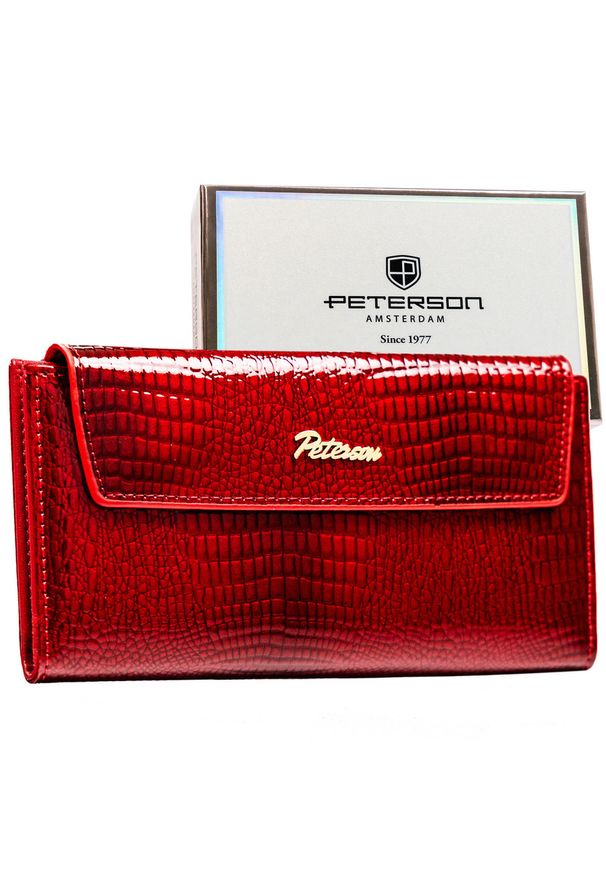 Duży, poziomy portfel damski ze skóry ekologicznej w czerwonym kolorze z tłoczeniem na wzór skóry krokodyla - Peterson. Kolor: czerwony. Materiał: skóra ekologiczna. Wzór: aplikacja