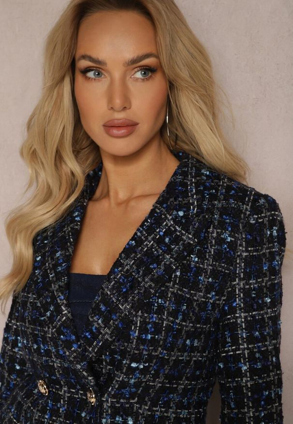 Renee - Czarno-Granatowa Tweedowa Marynarka Dwurzędowa Zapinana na Biżuteryjne Guziki Nallet. Kolor: czarny. Materiał: materiał. Styl: retro, elegancki