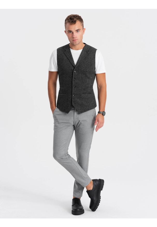 Ombre Clothing - Kamizelka męska z domieszką wełny z klapami w kratkę - grafitowa V1 - Rozmiar: M. Kolor: szary. Materiał: wełna. Wzór: kratka