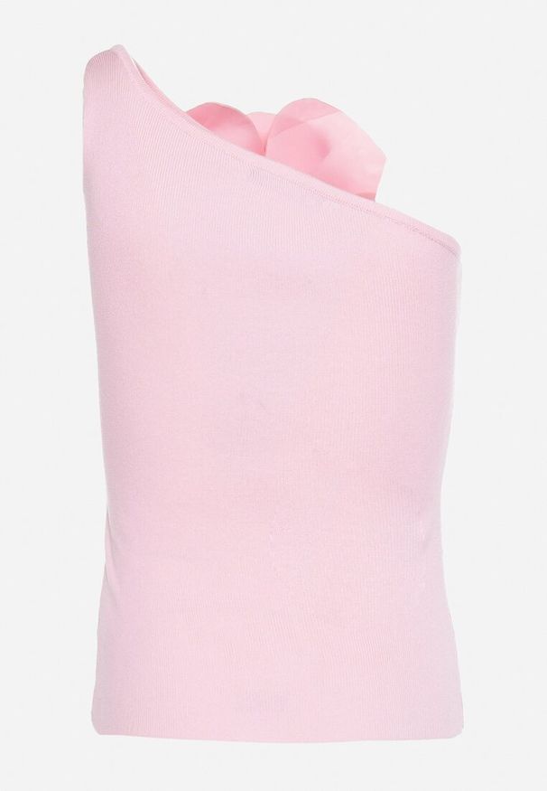 Born2be - Różowy Top bez Rękawów z Asymetrycznym Dekoltem z Dużą Aplikacją w Kształcie Kwiatka Vernia. Kolor: różowy. Materiał: jeans. Długość rękawa: bez rękawów. Wzór: aplikacja, kwiaty. Styl: klasyczny