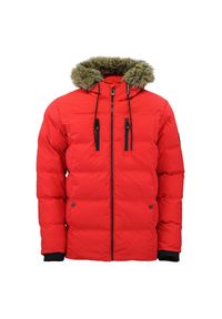PEAK MOUNTAIN - Kurtka puchowa damska z kapturem i futrem Peak Mountain. Typ kołnierza: kaptur. Kolor: czerwony. Materiał: puch, futro #1