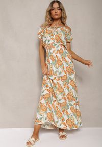 Renee - Biało-Pomarańczowa Sukienka z Bawełny z Gumką w Talii Baletta. Kolor: biały. Materiał: bawełna. Sezon: lato