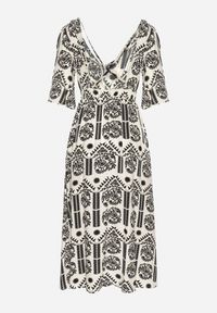 Born2be - Czarno-Kremowa Sukienka Wiskozowa Rozkloszowana z Odkrytymi Plecami w Print Boho Turaisa. Okazja: na co dzień. Typ kołnierza: dekolt w kształcie V. Kolor: czarny. Materiał: wiskoza. Długość rękawa: długi rękaw. Wzór: nadruk. Typ sukienki: rozkloszowane, proste. Styl: boho #7