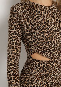 Born2be - Brązowa Dopasowana Sukienka w Panterkę Zdobiona Cyrkoniami Nallines. Okazja: na co dzień. Kolor: brązowy. Długość rękawa: długi rękaw. Wzór: motyw zwierzęcy, aplikacja. Typ sukienki: dopasowane. Styl: casual, elegancki #3