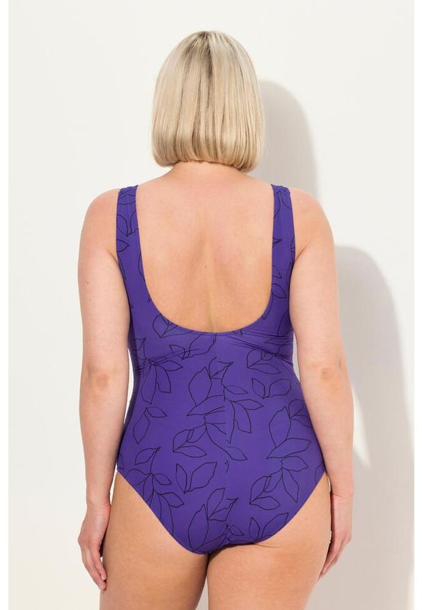 ULLA POPKEN - Damski Kostium kąpielowy liście bez miękkich miseczek paski. Kolekcja: plus size. Kolor: fioletowy. Materiał: poliester, elastan, poliamid, materiał. Wzór: paski