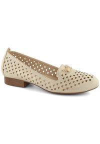 Półbuty damskie ażurowe na niskim obcasie złote M.Daszyński SA222-3. Kolor: złoty. Materiał: skóra ekologiczna. Szerokość cholewki: normalna. Wzór: ażurowy. Obcas: na obcasie. Wysokość obcasa: niski #1