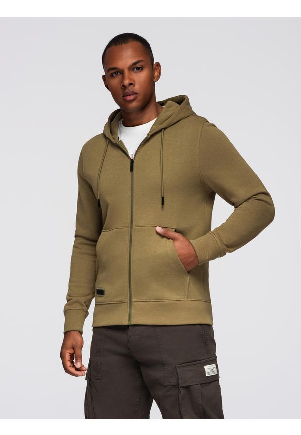 Ombre Clothing - Rozpinana bluza męska dresowa BASIC – oliwkowa V2 - Rozmiar: S. Okazja: na co dzień. Typ kołnierza: kaptur. Kolor: oliwkowy. Materiał: dresówka. Styl: casual