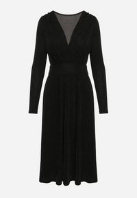 Born2be - Czarna Taliowana Sukienka z Wiskozą o Rozkloszowanym Kroju Zdobiona Metaliczną Nicią Mesinae. Okazja: do pracy, na spotkanie biznesowe. Typ kołnierza: dekolt w kształcie V. Kolor: czarny. Materiał: wiskoza. Długość rękawa: długi rękaw. Wzór: aplikacja. Typ sukienki: rozkloszowane. Styl: wizytowy, glamour, elegancki, biznesowy #2