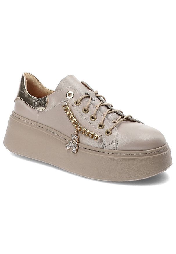 DAMISS - Beżowe Sneakersy Damiss Wygodne Skórzane Buty. Kolor: beżowy. Materiał: skóra. Szerokość cholewki: normalna. Wzór: aplikacja