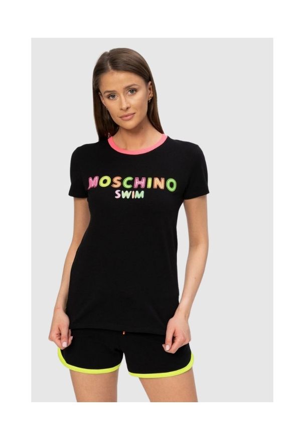 MOSCHINO Czarny t-shirt damski z neonowym logo, Rozmiar XS. Kolor: czarny. Materiał: prążkowany. Wzór: aplikacja