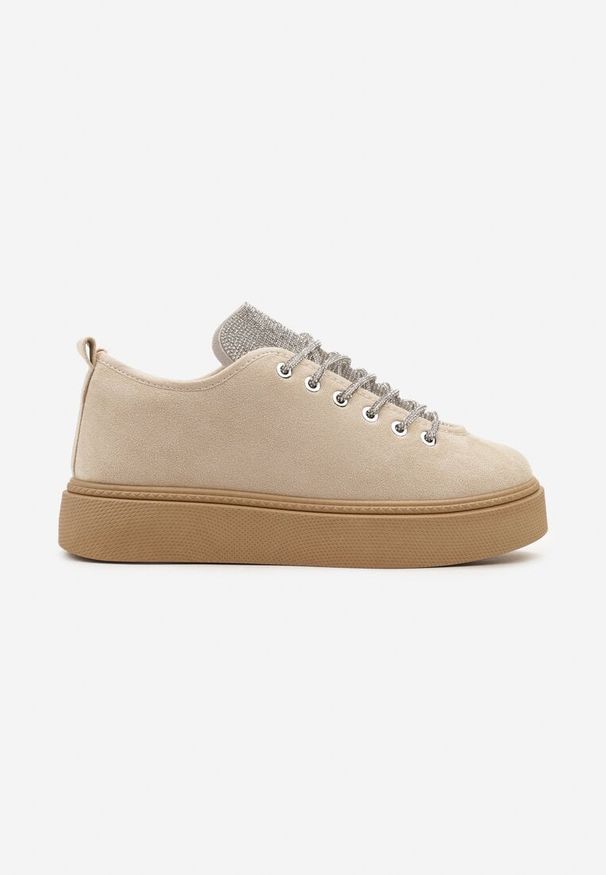Born2be - Beżowe Sznurowane Sneakersy na Grubszej Podeszwie Zdobione Delikatnymi Cyrkoniami Limeta. Nosek buta: okrągły. Kolor: beżowy. Wzór: aplikacja. Obcas: na płaskiej podeszwie