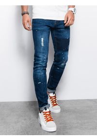 Ombre Clothing - Spodnie męskie jeansowe SKINNY FIT - niebieskie V2 P1063 - XL. Kolor: niebieski. Materiał: jeans. Wzór: aplikacja #5