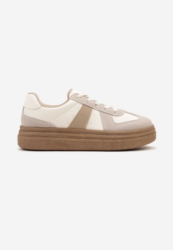 Born2be - Ciemnobeżowe Sneakersy na Niskiej Platformie z Materiałowymi Wstawkami Xeonbia. Kolor: beżowy. Materiał: materiał. Obcas: na platformie